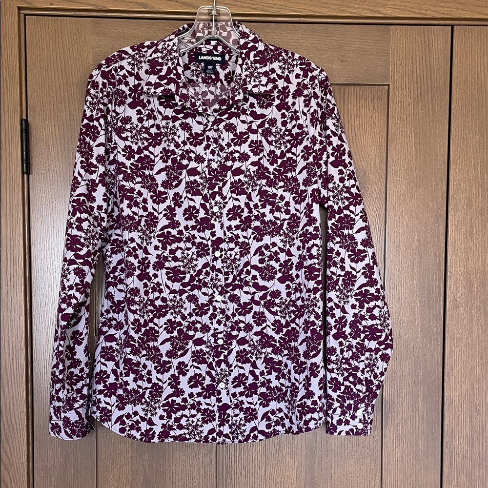 Lands' End Women’s White Button-front  Shirt with purple Floral Print 10T